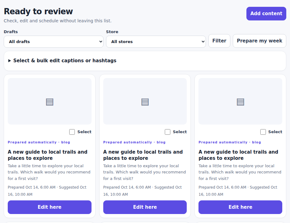 Review grid showing selectable example drafts