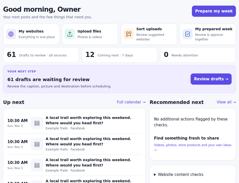 NTekSocial dashboard with compact shortcuts, drafts and upcoming posts; fictitious sample content